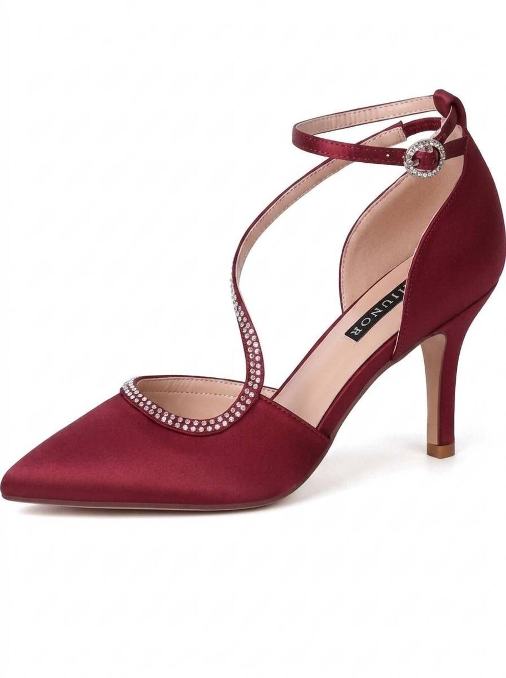 ☔️🩵Burgundy Satin & Rhinestone Buckled Ankle Strappy Heel Shoes Size 8
